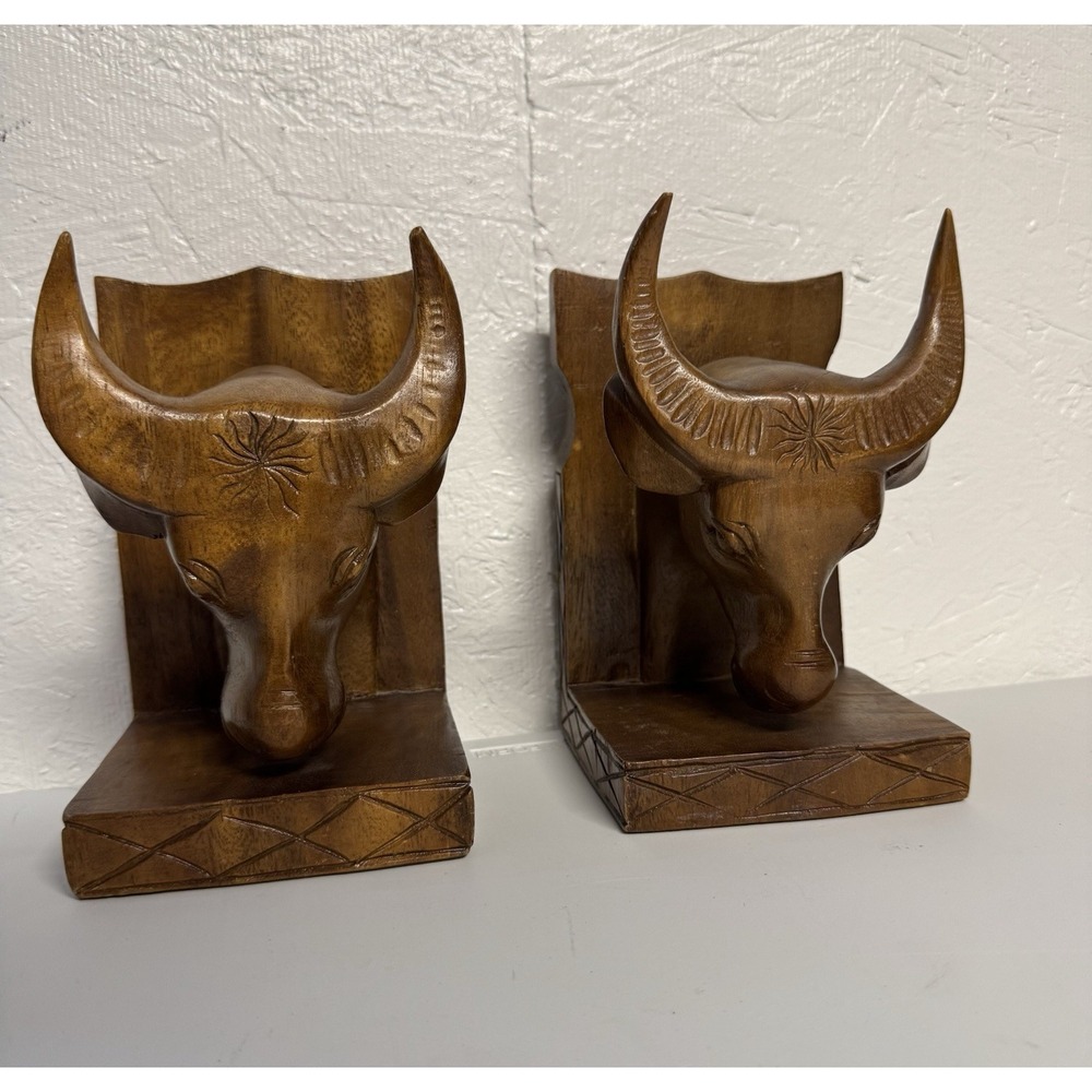 Vintage 50s Wooden Bull Head Book Ends Hand Carved Water Buffalo Ox MCM Western